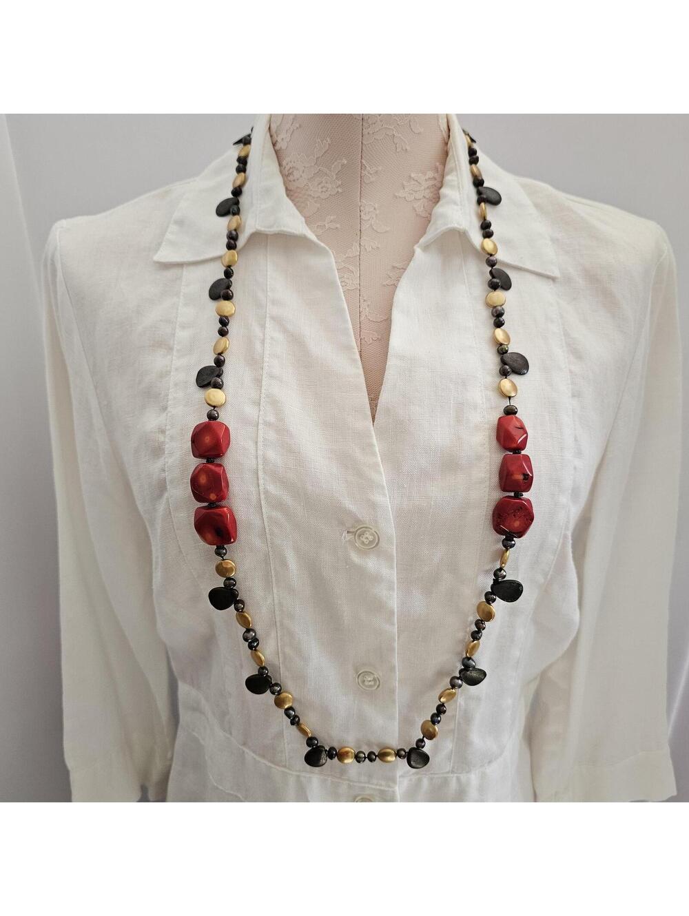 36" Natural Red Coral, Shell, Freshwater Pearl Long Necklace, Boho Jewelry